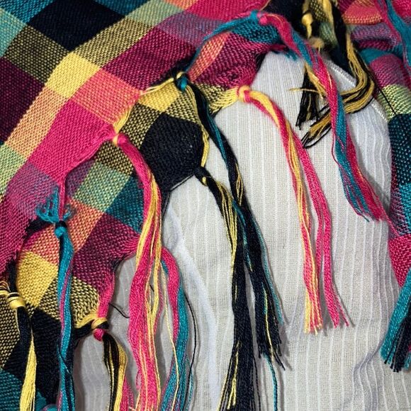 Scarf Shawl Wrap Coverup Sarong Rainbow Checkered with Fringe 39 Square Inches - Picture 7 of 9